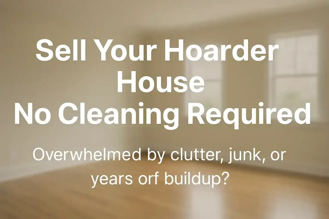 Clean, sunlit interior with bold text “No Cleaning Required” — hero image for Sell Hoarder House landing page.