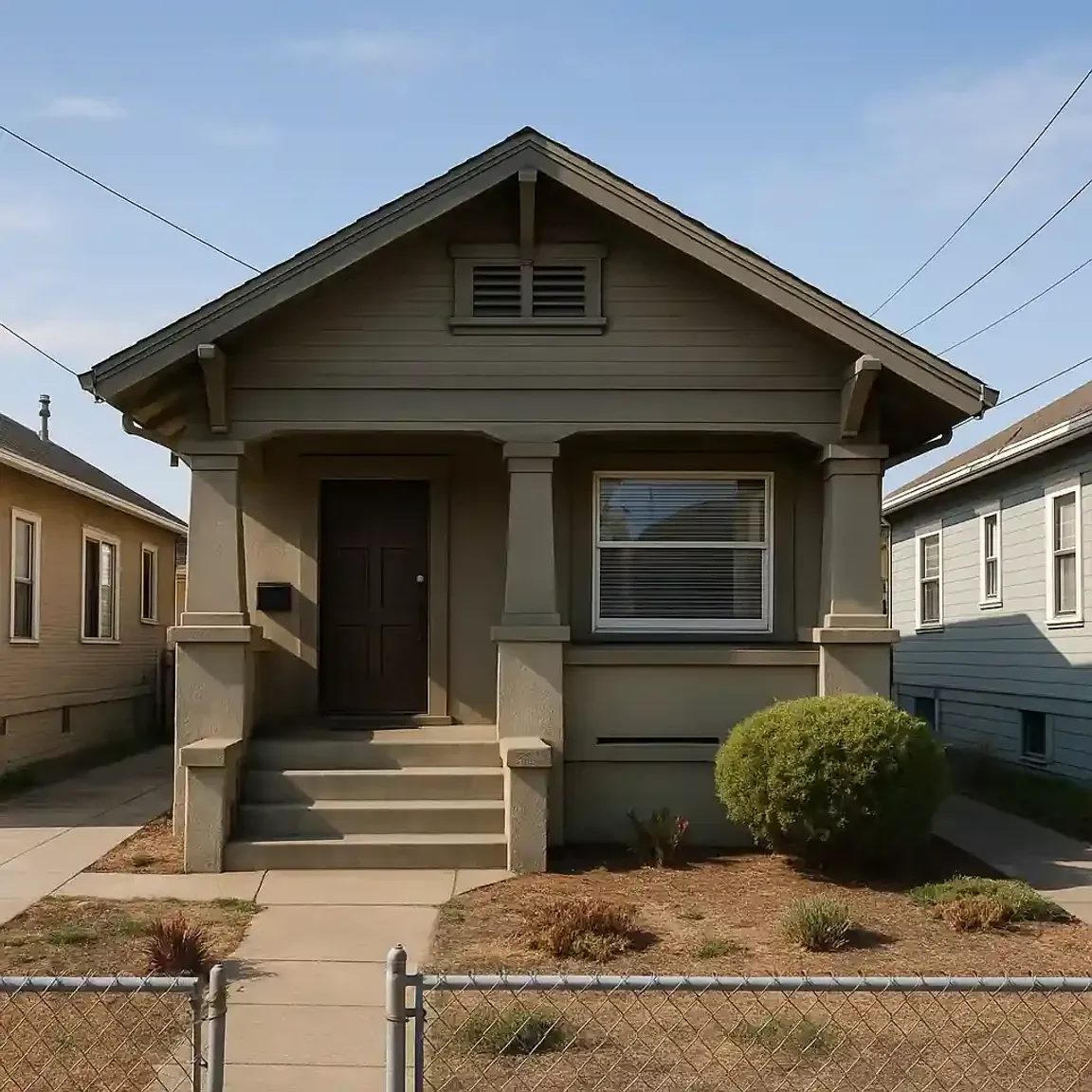 Sell my house fast East Oakland – Image of a single-story Craftsman-style home in East Oakland, California, with a small front yard and porch.