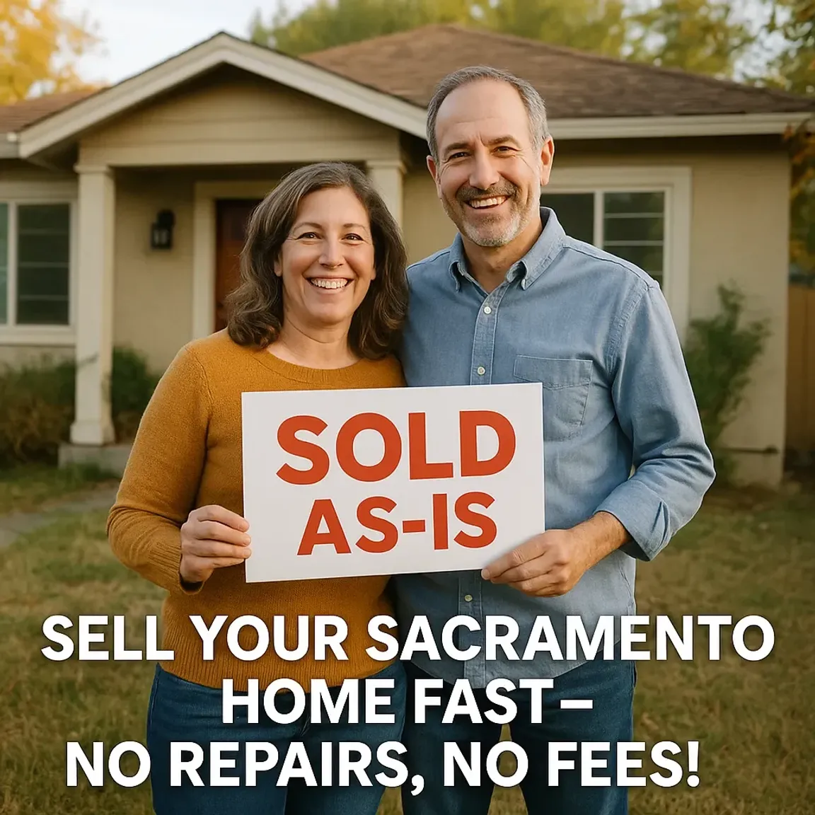 Happy middle-aged couple standing in front of a Sacramento home with a “SOLD AS-IS” sign, symbolizing a fast cash sale with no repairs or fees – perfect for "Sell My House Fast Sacramento" searches.