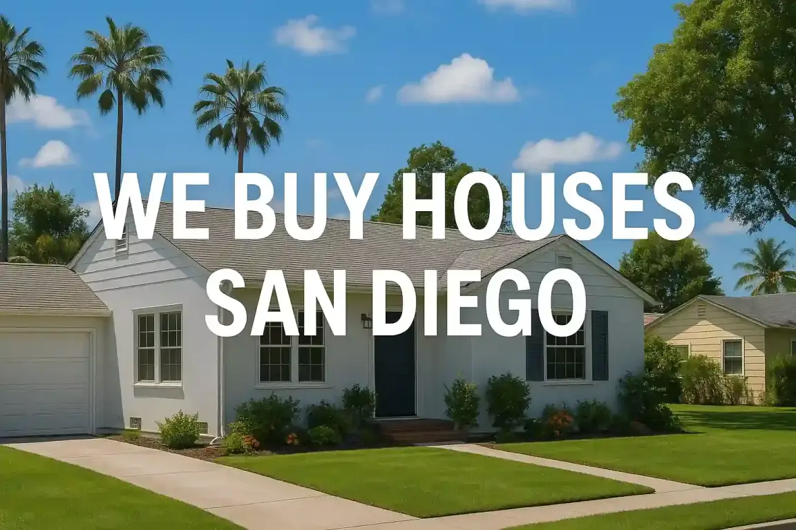 San Diego home with palm trees and overlay text saying We Buy Houses – sell my house fast