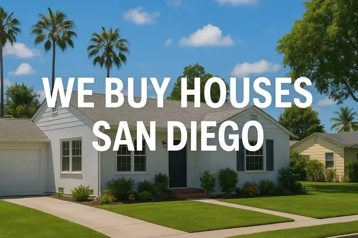 San Diego home with palm trees and overlay text saying We Buy Houses – sell my house fast