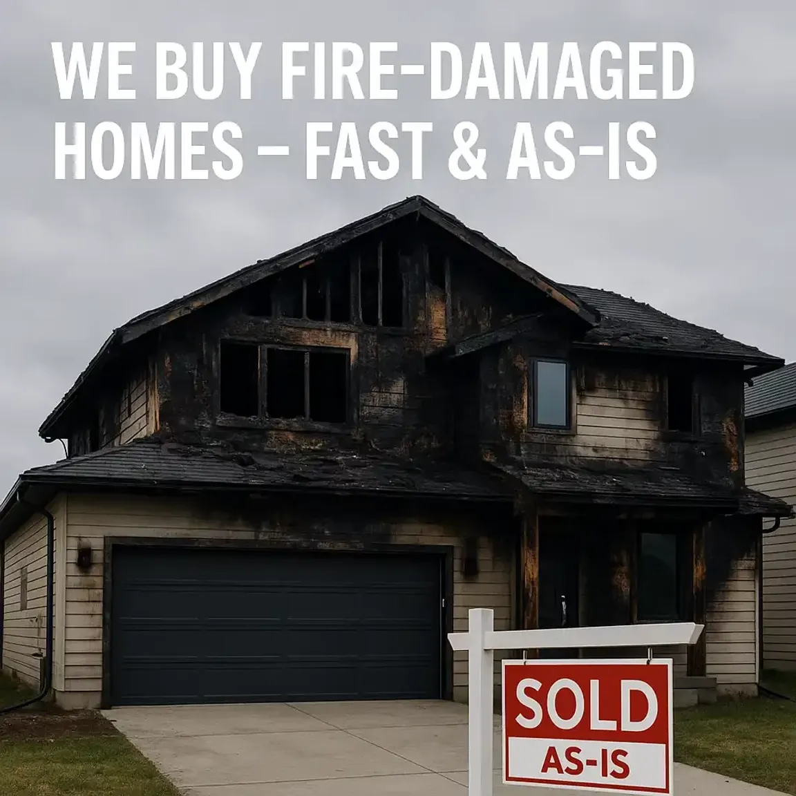 Fire-damaged modern California home with "Sold As-Is" sign in front