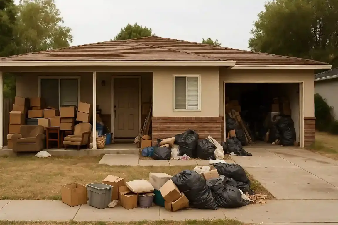 Sell hoarder house in San Jose with cluttered porch and garage showing signs of exterior hoarding.