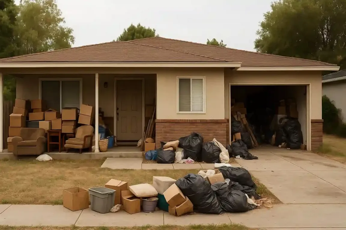 Sell hoarder house in San Jose with cluttered porch and garage showing signs of exterior hoarding.