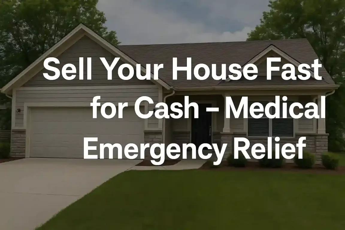 Suburban house with medical emergency relief message — sell your house fast for cash.
