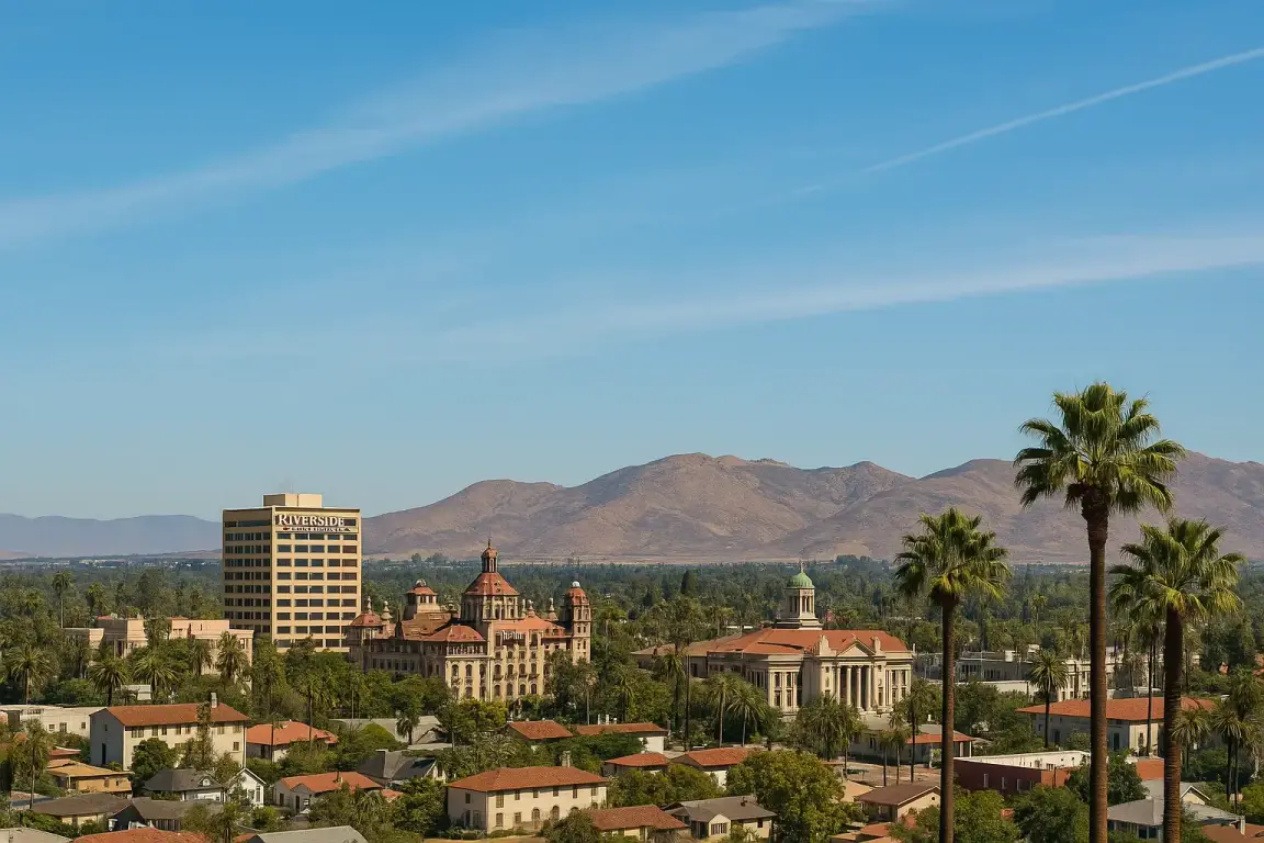 Sell my house fast Riverside – scenic view of downtown with palm trees and mountains