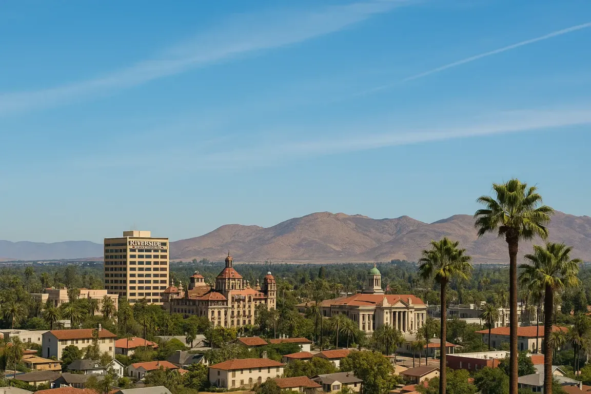 Sell my house fast Riverside – scenic view of downtown with palm trees and mountains