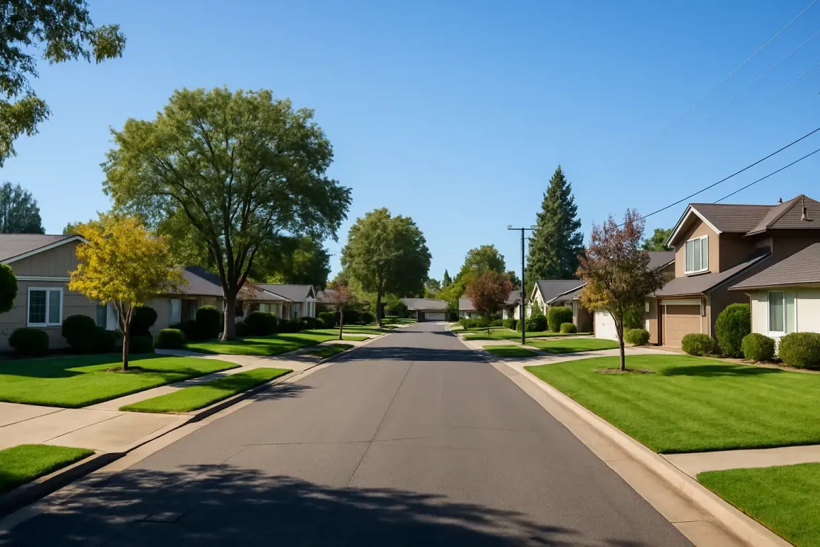 We buy houses in Carmichael – Suburban neighborhood showcasing residential homes.