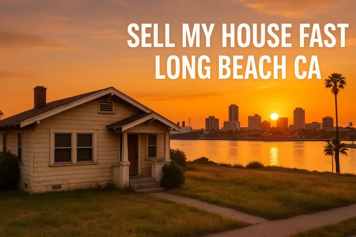 “Sell my house fast Long Beach– sunset view of a distressed home with Long Beach skyline in background