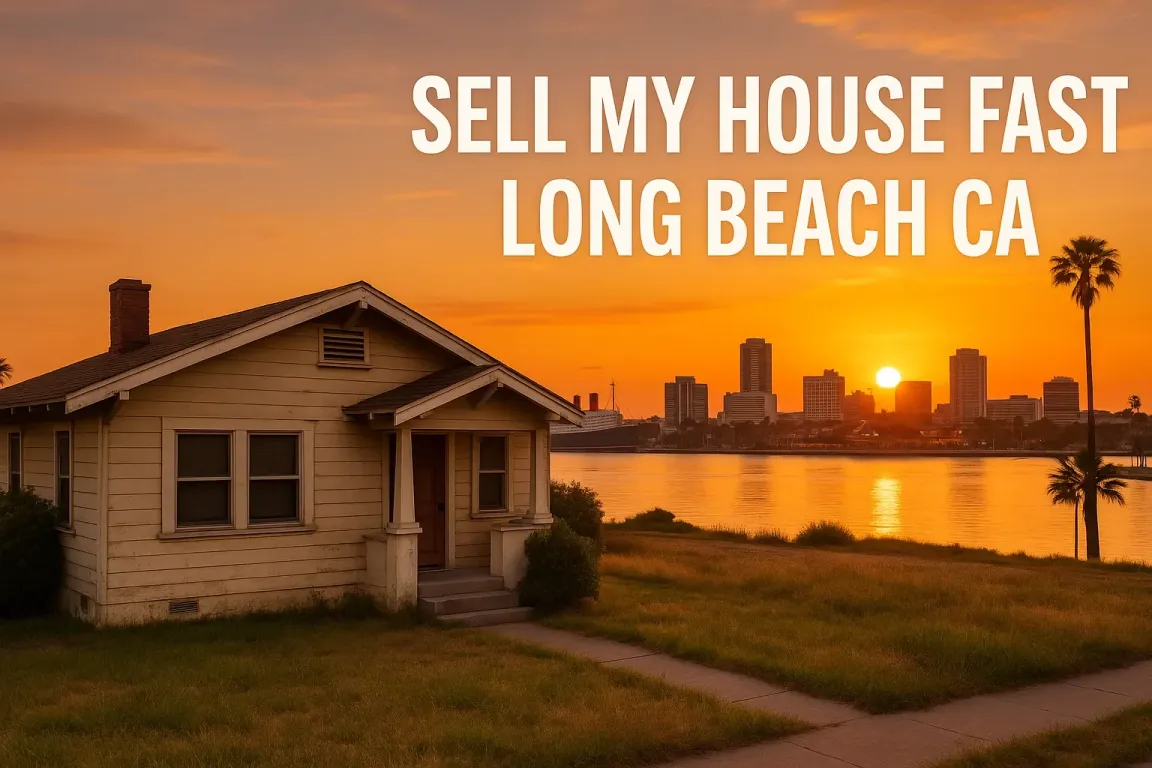“Sell my house fast Long Beach– sunset view of a distressed home with Long Beach skyline in background