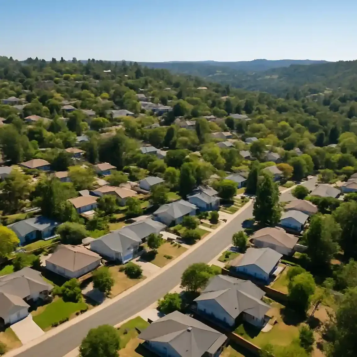 Aerial view of a residential neighborhood in Auburn CA, ideal for a landing page about how to sell my house in Auburn CA.