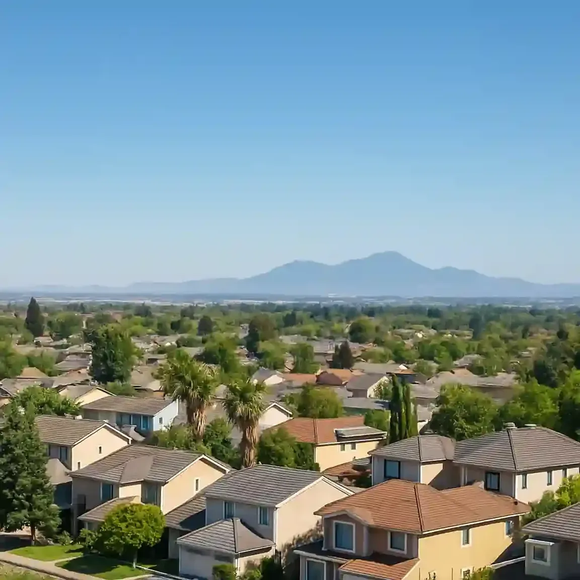 We buy houses Oakley CA – panoramic view of Oakley California neighborhood with homes, green yards, and Mount Diablo in the distance, local cash home buyers.