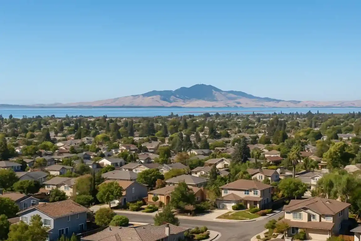 sell my house fast Antioch CA – panoramic city view of Antioch neighborhoods with the San Joaquin River and Mount Diablo in the background, ideal for cash home buyers.
