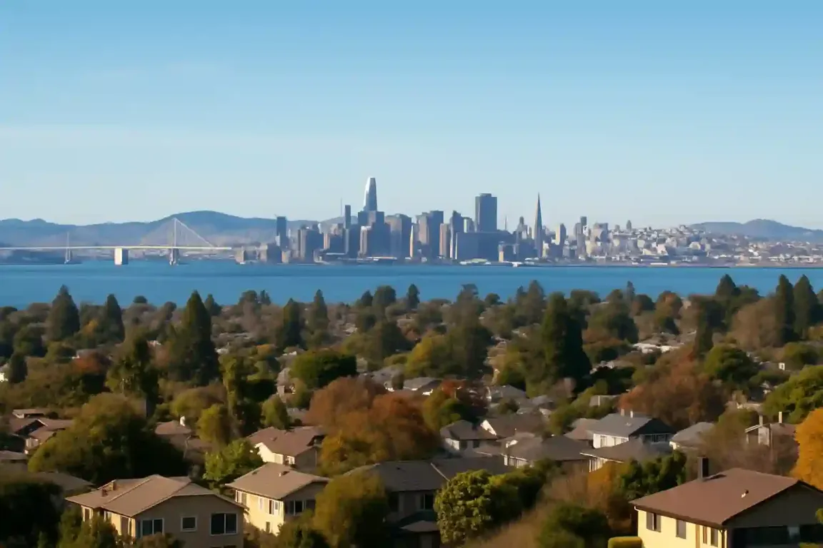 We buy houses Berkeley CA – panoramic city view with residential homes, San Francisco Bay, and skyline in the distance, ideal for sell my house fast Berkeley CA and cash home buyers.