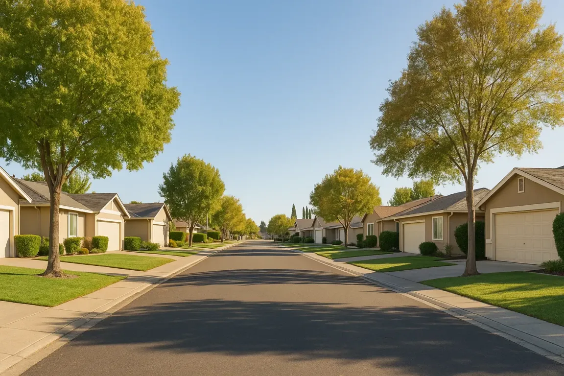 Sell My House Fast Antelope CA – peaceful suburban street lined with single-story homes, mature trees, and clear blue skies representing calm, community, and everyday California living.