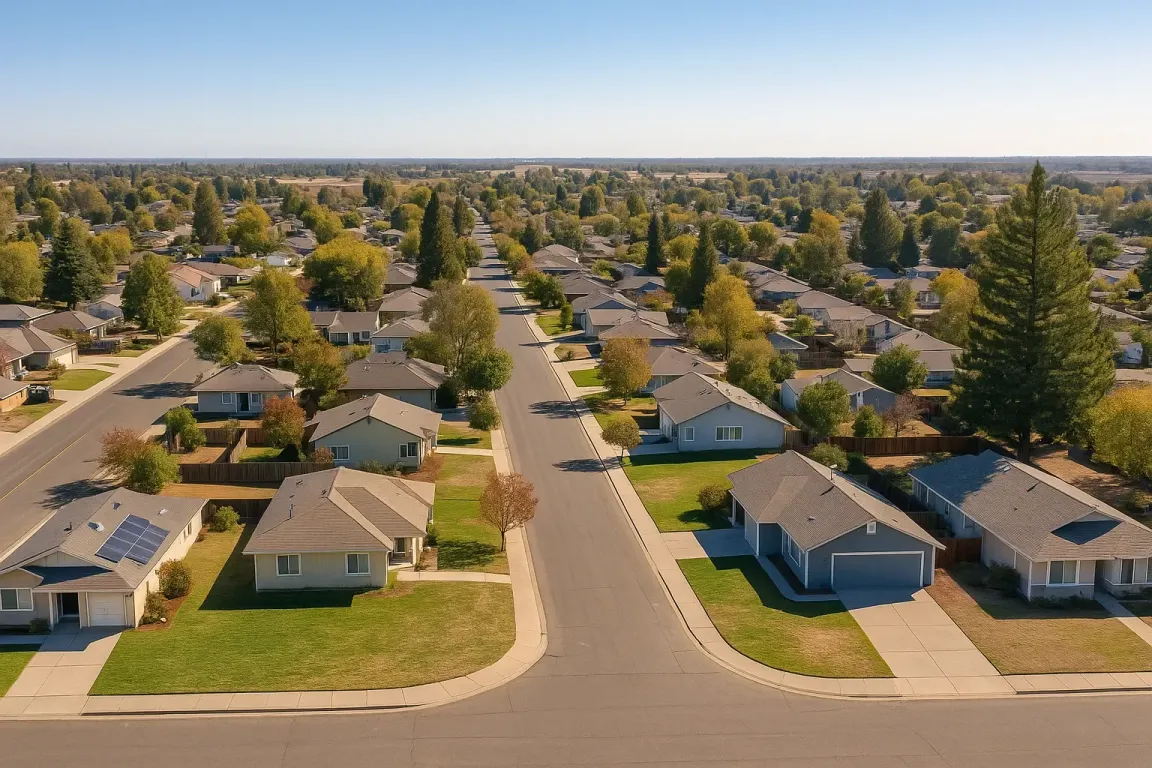 Sell My House Fast Rio Linda CA – aerial view of Rio Linda neighborhoods with single-story homes, tree-lined streets, and open fields under a clear blue sky representing local community and small-town California charm.