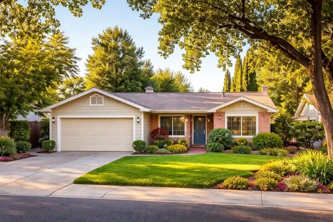 Exterior of a typical Sacramento home with front porch and lawn, representing a property sold to pay for assisted living or senior care expenses.