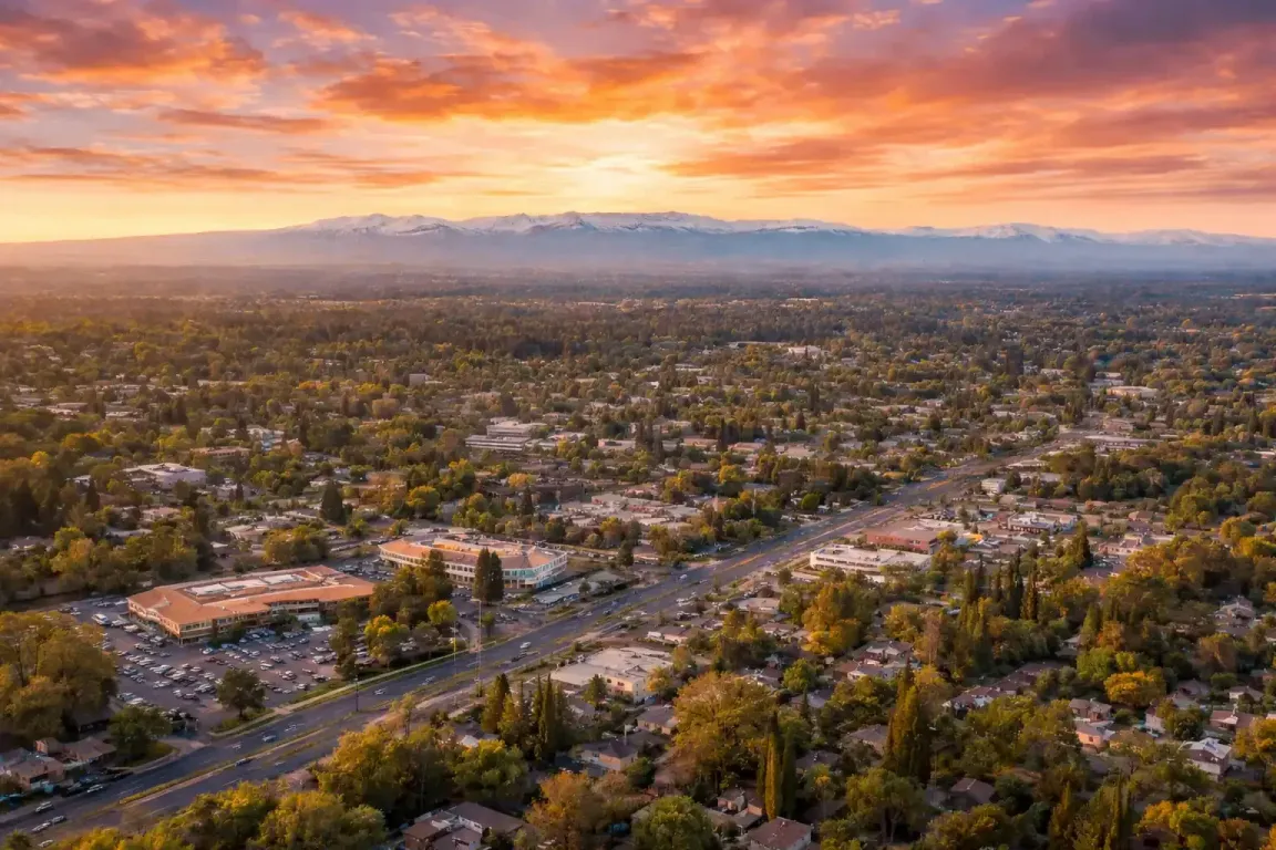 Sunset aerial view of Citrus Heights, California, representing the area where homeowners sell rental properties as-is for cash
