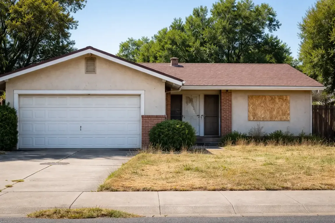House with squatters in Sacramento CA with boarded window and overgrown yard