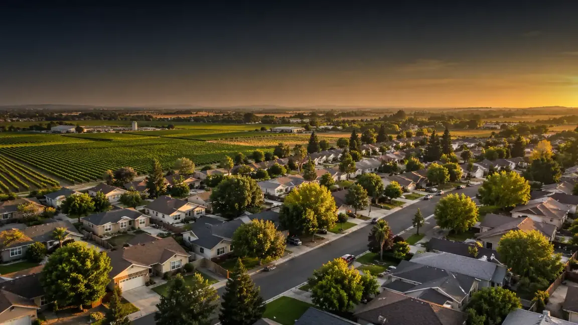 Aerial view of a Lodi CA neighborhood next to vineyards, showing local homes where we buy houses and help homeowners sell houses fast