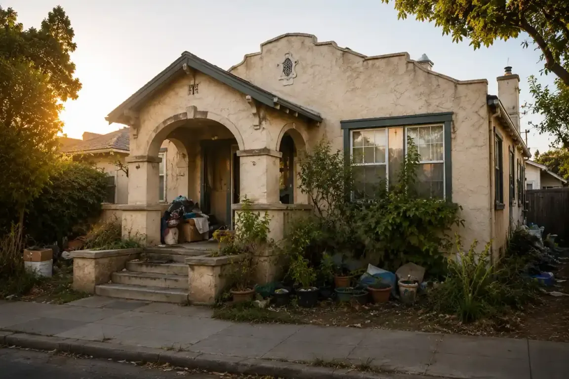 Older Oakland CA hoarder house with cluttered yard and overgrown landscaping before selling as-is for cash