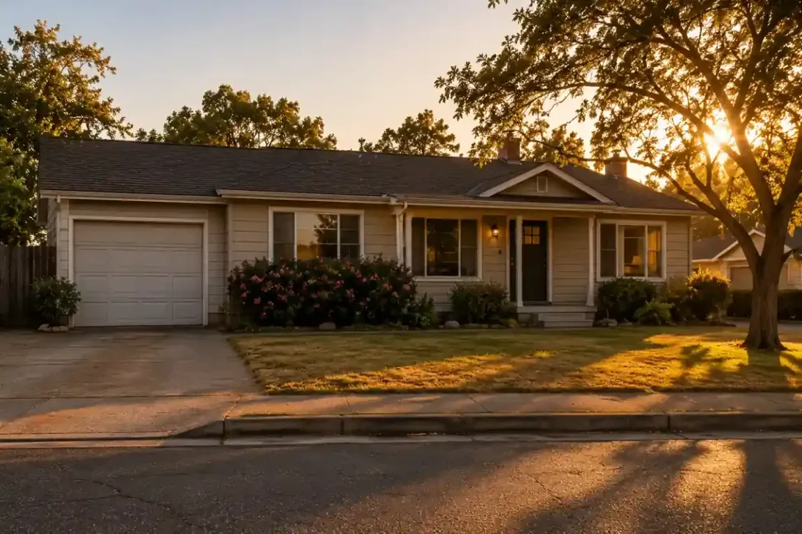 Sell my house fast Benicia CA cash home buyer hero image featuring an older Benicia California home during golden hour lighting