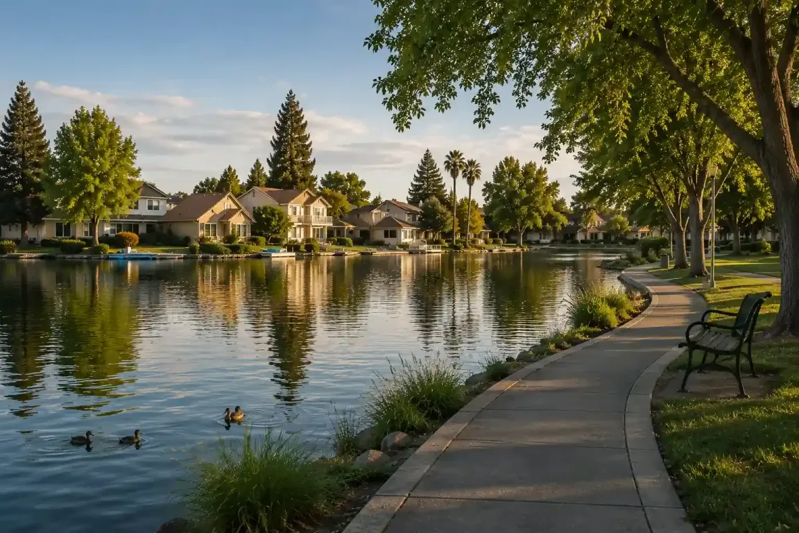 Quiet lakefront walking path and homes in Quail Lakes Stockton California near the water during sunset, representing homeowners looking to sell their house fast in Quail Lakes Stockton CA