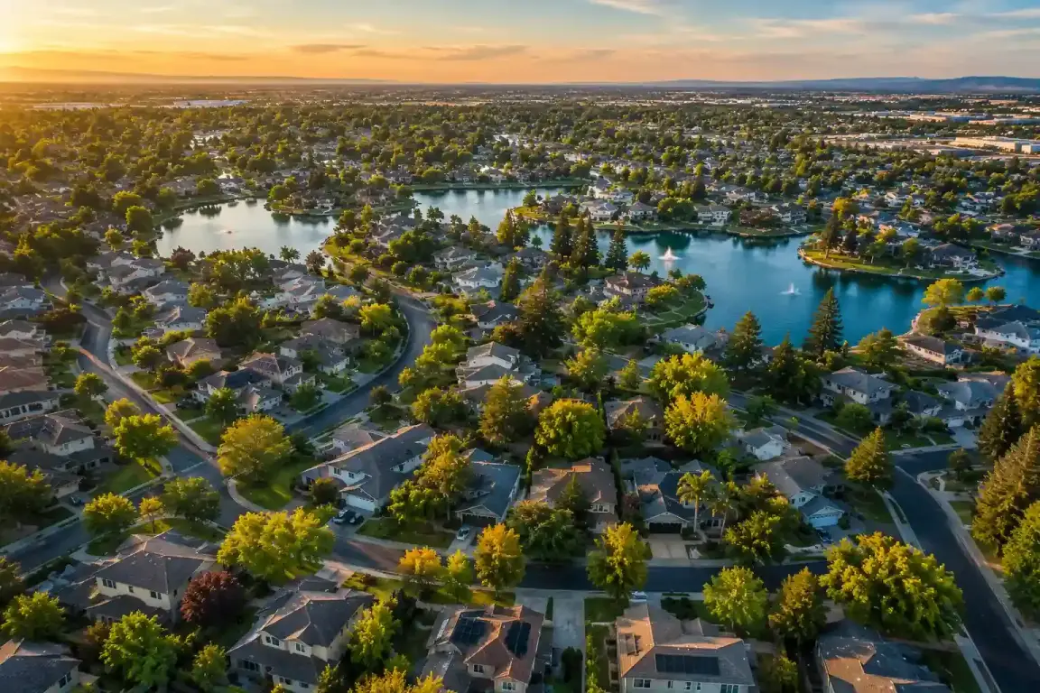 Aerial view of Brookside, Stockton California neighborhood with tree lined streets and homes representing local cash home buyers and fast home sales in Brookside Stockton CA