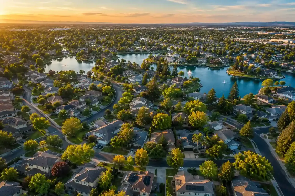 Aerial view of Brookside, Stockton California neighborhood with tree lined streets and homes representing local cash home buyers and fast home sales in Brookside Stockton CA
