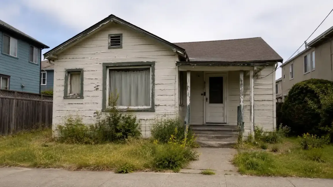slightly distressed house in Emeryville California with overgrown yard and peeling paint for sell my house fast cash home buyers