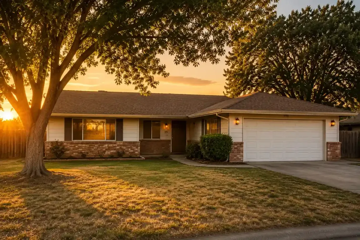 Oakdale CA cash home buyers ranch style house at sunset with warm lighting and quiet residential neighborhood for sell my house fast