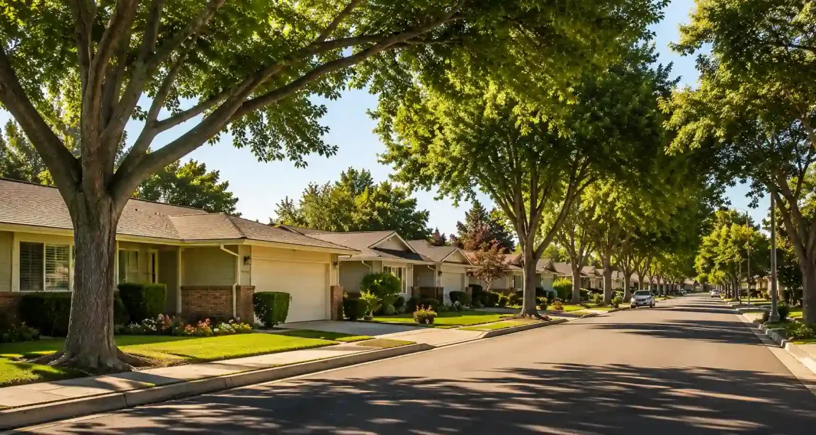 Tree lined residential street in Lincoln Village, Stockton CA representing homeowners looking to sell my house fast in Lincoln Village Stockton California