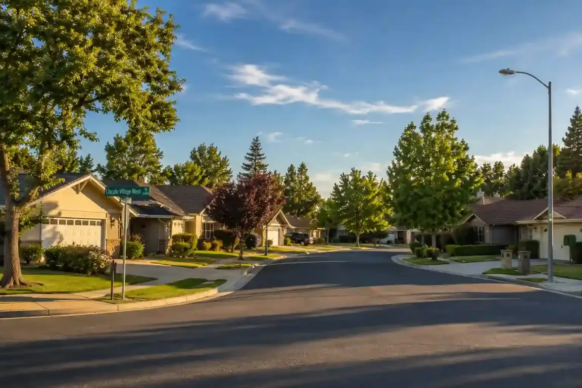 Tree lined street in Lincoln Village West Stockton California with suburban homes representing homeowners looking to sell houses fast in Lincoln Village West, Stockton CA