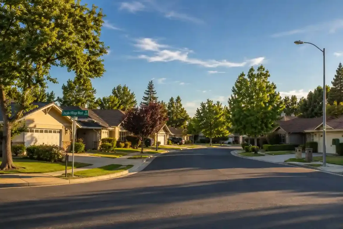 Tree lined street in Lincoln Village West Stockton California with suburban homes representing homeowners looking to sell houses fast in Lincoln Village West, Stockton CA