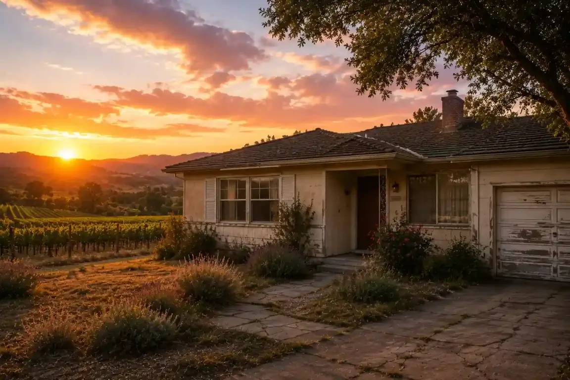 Sell my house fast Napa CA vineyard home at sunset with dated house and rolling wine country hills in California