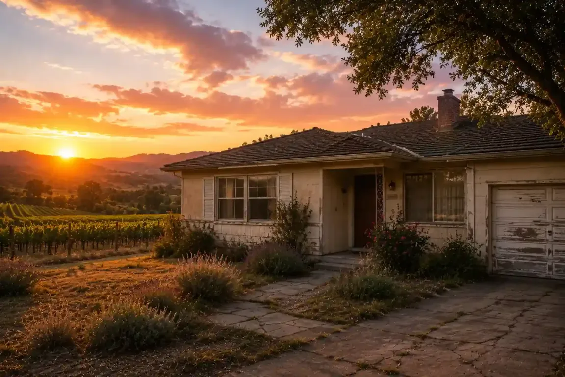 Sell my house fast Napa CA vineyard home at sunset with dated house and rolling wine country hills in California