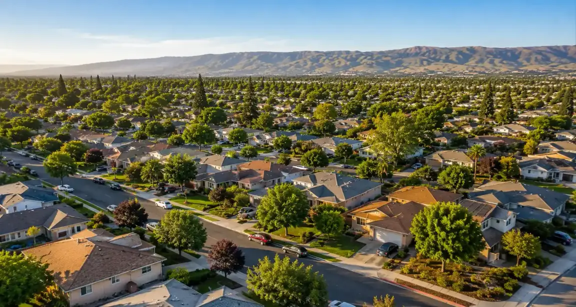 Aerial hero image of a San Jose California neighborhood with older homes and tree lined streets for sell my house fast san jose ca