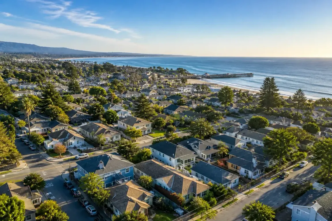 Aerial view of Santa Cruz coastal neighborhood with homes near the ocean where homeowners can sell their house fast for cash