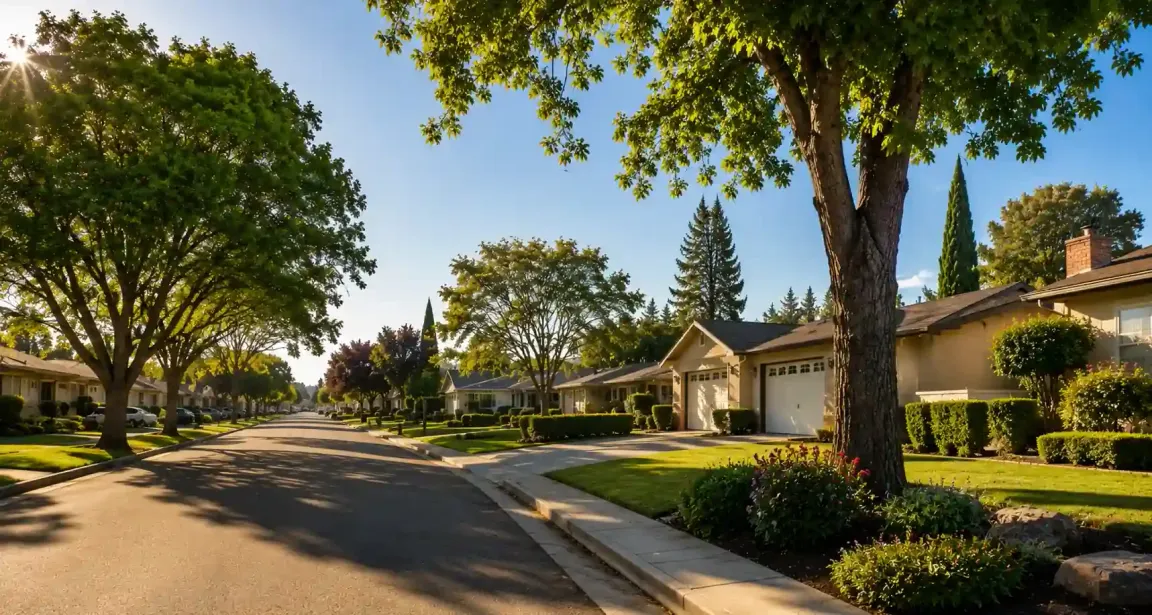 Quiet tree lined street in Sherwood Manor Stockton CA with well maintained suburban homes during golden hour for sell my house fast