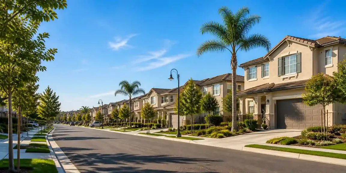 Modern suburban street in Spanos Park Stockton California with newer homes and palm trees representing homeowners looking to sell houses fast in Spanos Park Stockton CA
