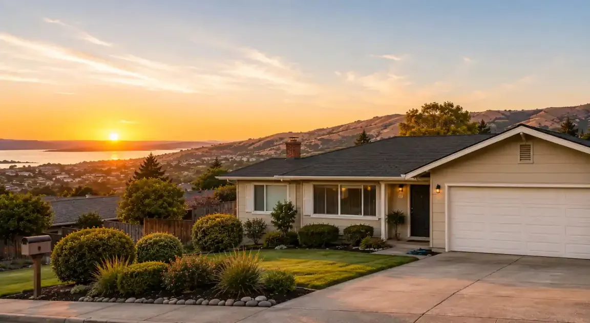 Sunset view of a hillside ranch home in Pinole CA with East Bay hills and bay views, representing homeowners looking to sell my house fast Pinole CA for cash
