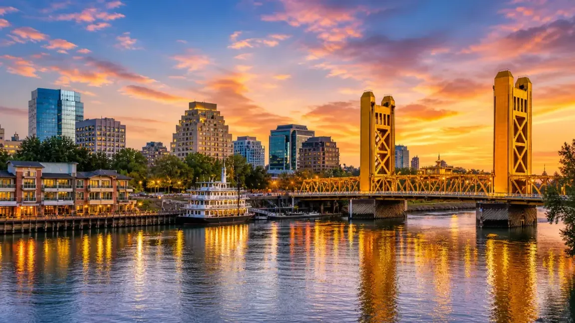 West Sacramento riverfront skyline with Tower Bridge at sunset representing homeowners looking to sell my house fast in West Sacramento