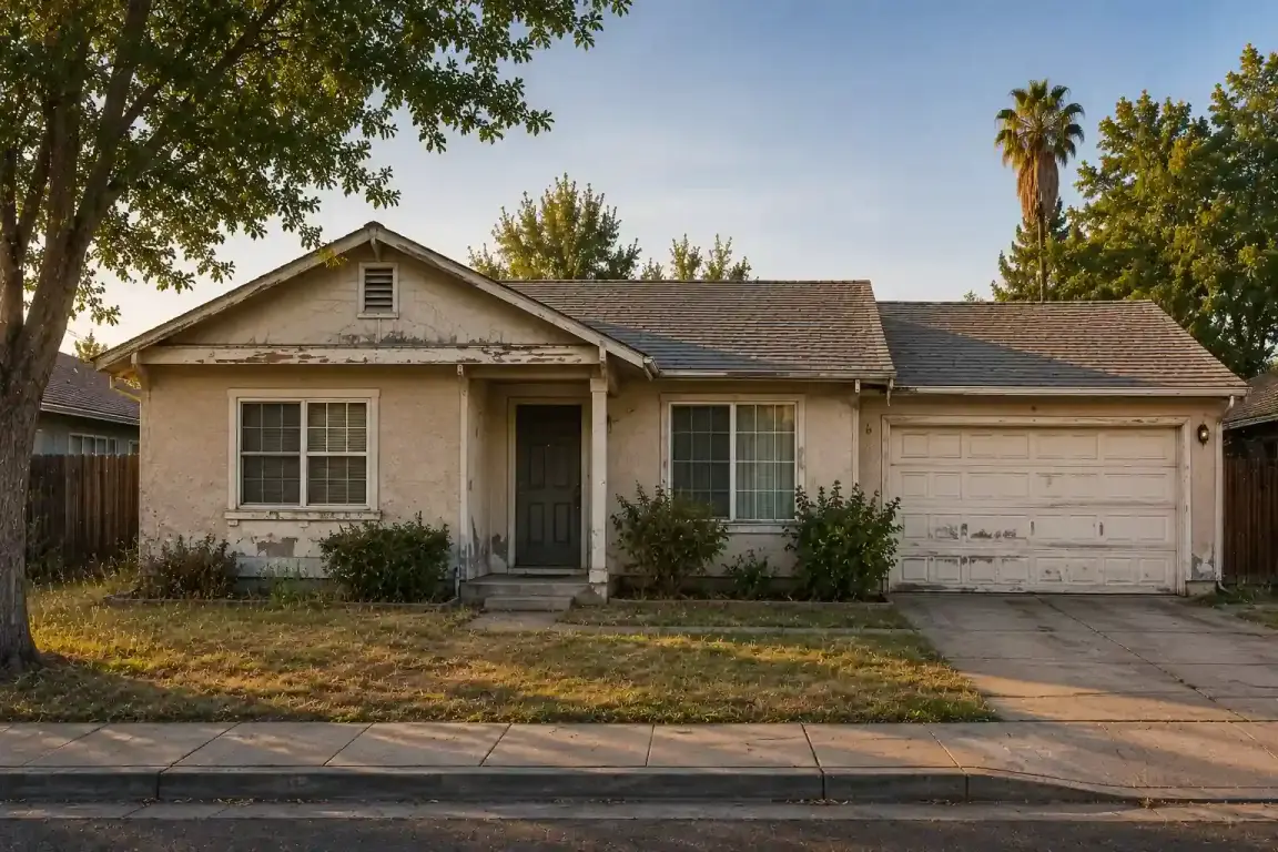 Visalia California house in older condition with overgrown yard for a sell my house fast cash home buyer