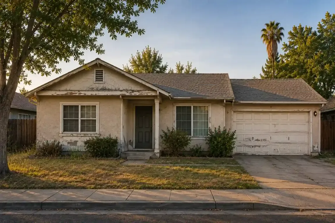Visalia California house in older condition with overgrown yard for a sell my house fast cash home buyer
