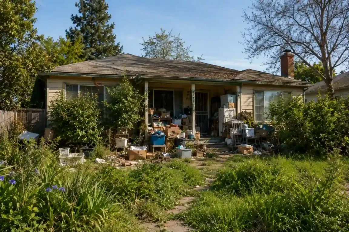 Cluttered hoarder house in Sacramento CA with overgrown yard and visible debris before selling as-is for cash