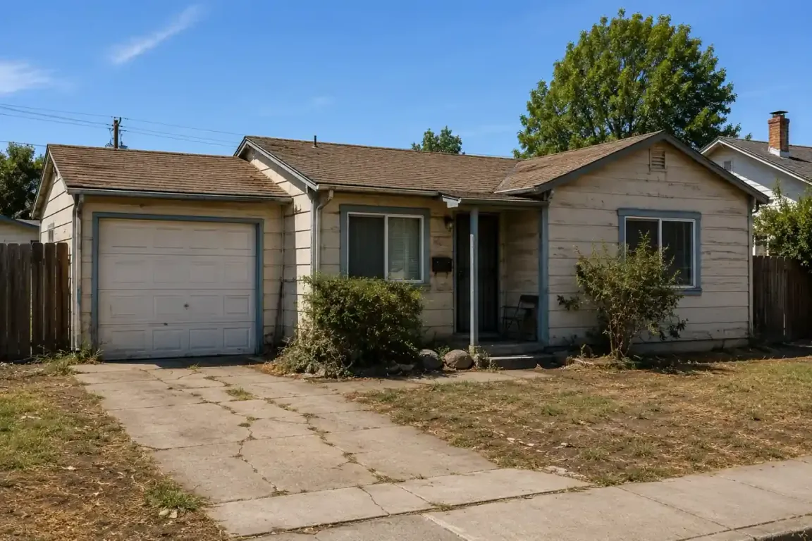 Older Bay Area rental property with deferred maintenance and worn exterior before selling the house as-is for cash