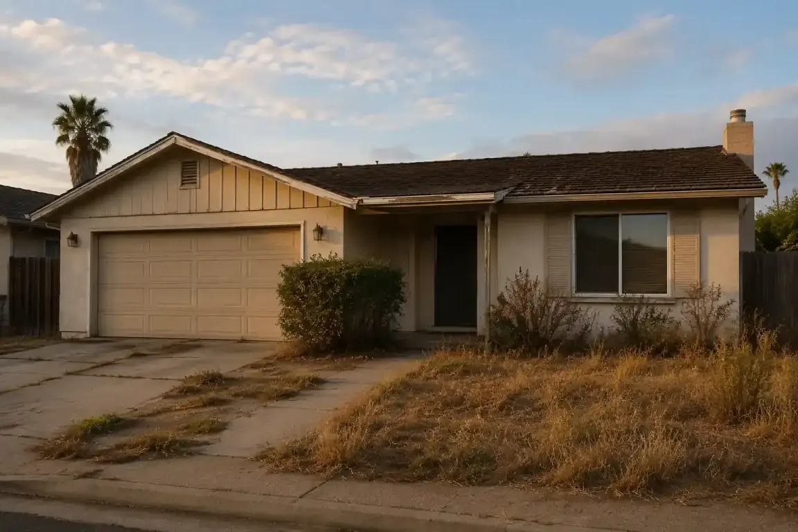 Vacant California house with overgrown yard and empty driveway ready for a fast as-is cash sale without repairs or cleaning