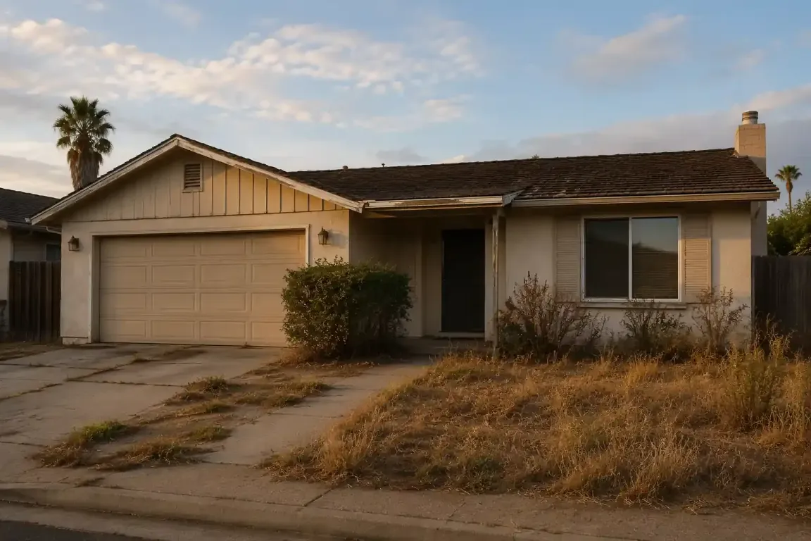 Vacant California house with overgrown yard and empty driveway ready for a fast as-is cash sale without repairs or cleaning