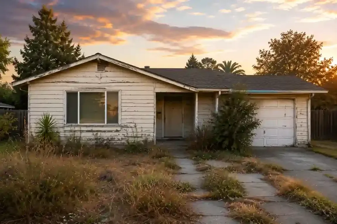 Sell my house fast in Martinez CA. Older fixer upper house with peeling paint, overgrown landscaping, and a dated exterior at sunset, representing an as-is cash home sale.