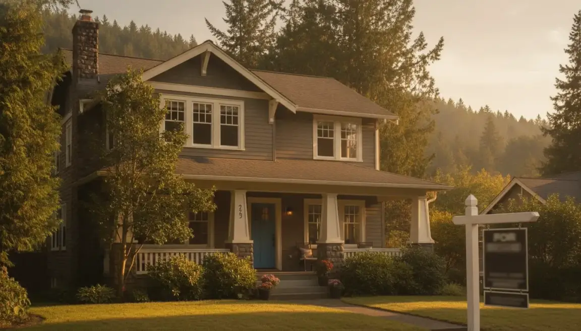 Washington family home with a for sale sign in the yard during sunset